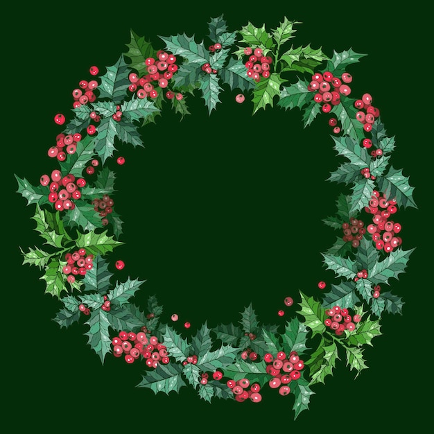 Vector christmas wreath with berries on green background