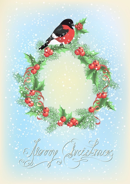 Christmas wreath with bullfinch on the snowfall background in retro style