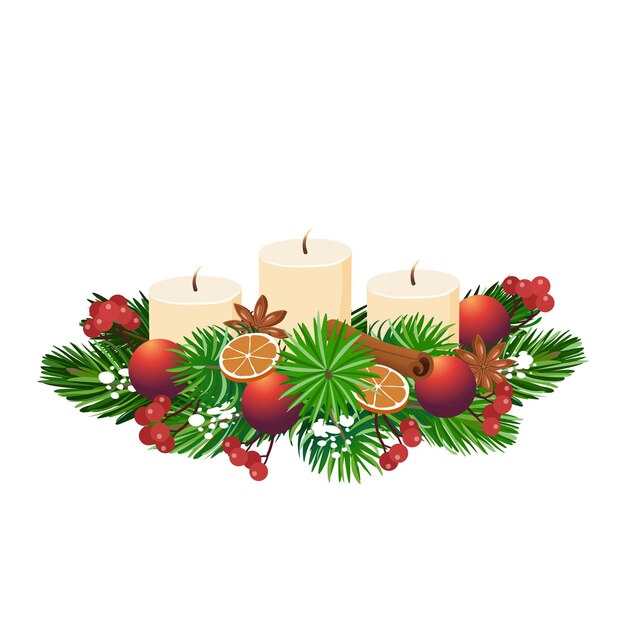 Christmas wreath with candles on white background.