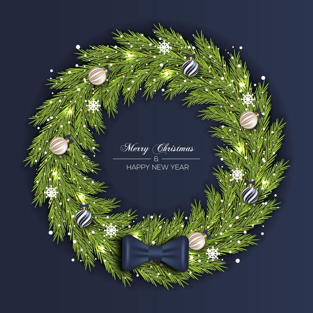 クリスマス松の枝とクリスマスイルミネーションとクリスマスリース