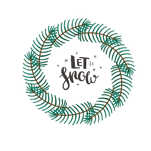 Christmas wreath with coniferous branches and hand drawn lettering Minimalist Christmas card vector