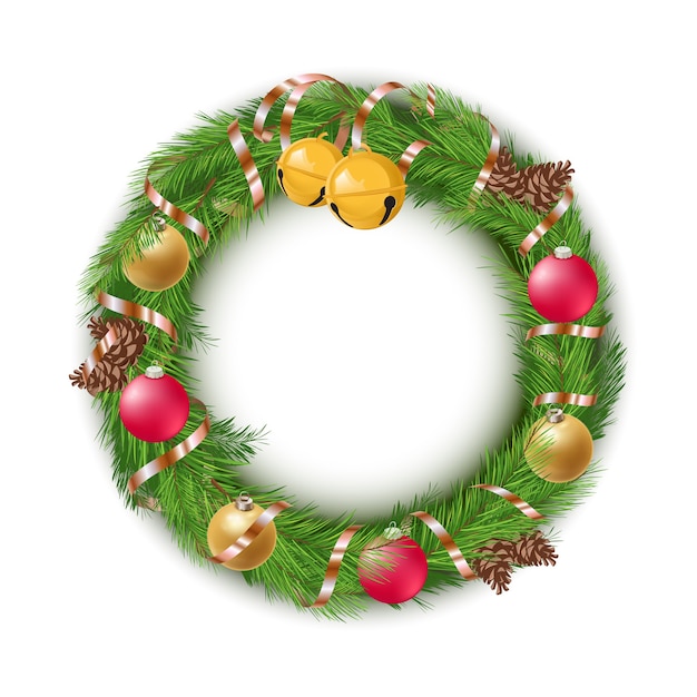 Christmas Wreath with Decorations and Pine Cones on White Background