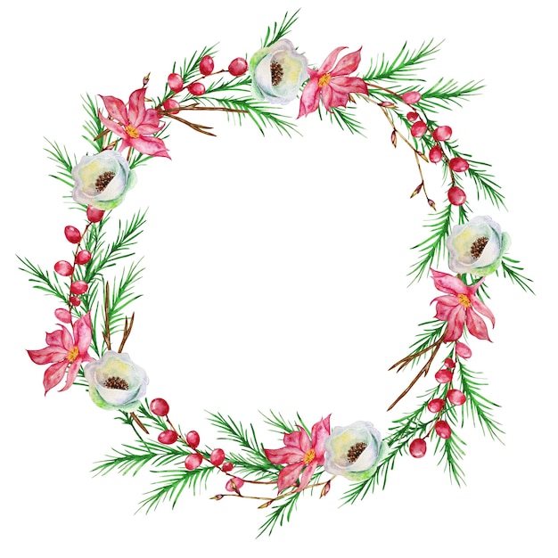 Christmas wreath with fir tree, with winter red and white flowers and with red winter berries. Winter wreath painted in watercolor