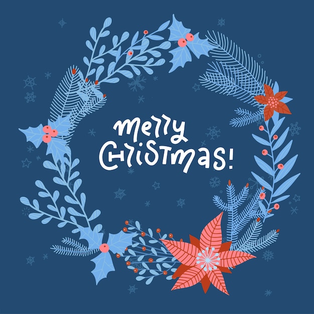 Christmas wreath with flowers, branches, leaves and snowflakes on dark blue background. perfect for holiday greeting cards