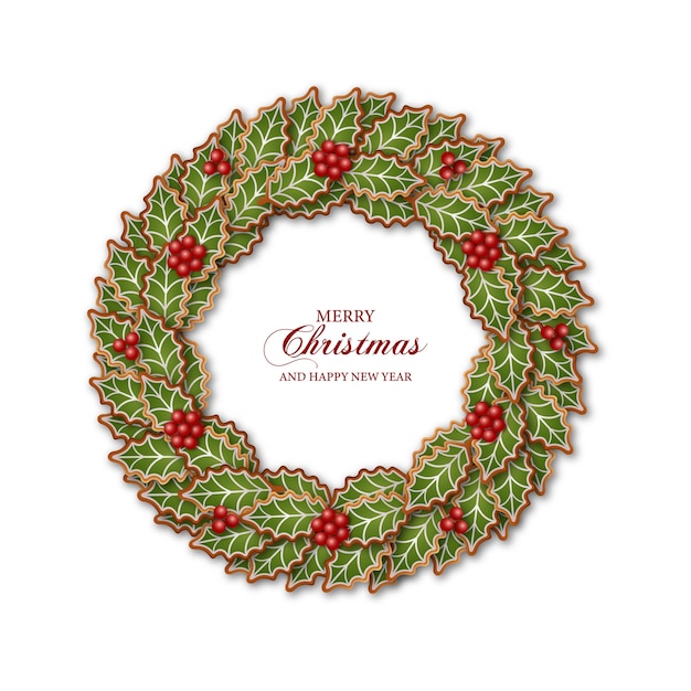 Christmas wreath with gingerbread cookies. Holly berries and leaves