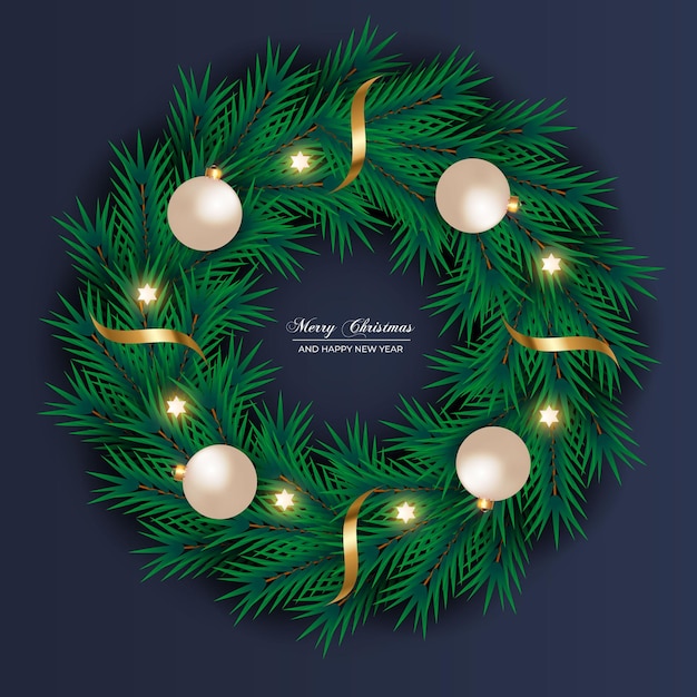 Christmas wreath with green pine branch christmas ball snowflakes and star light