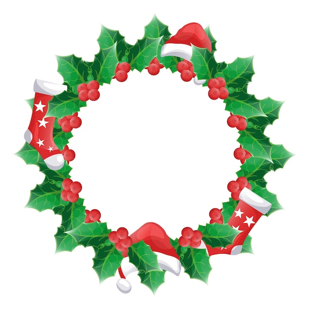 Christmas wreath with holly leaves decorated with boots