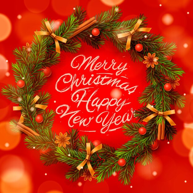 Christmas wreath with lettering: Merry Christmas and Happy New Year. Greeting card