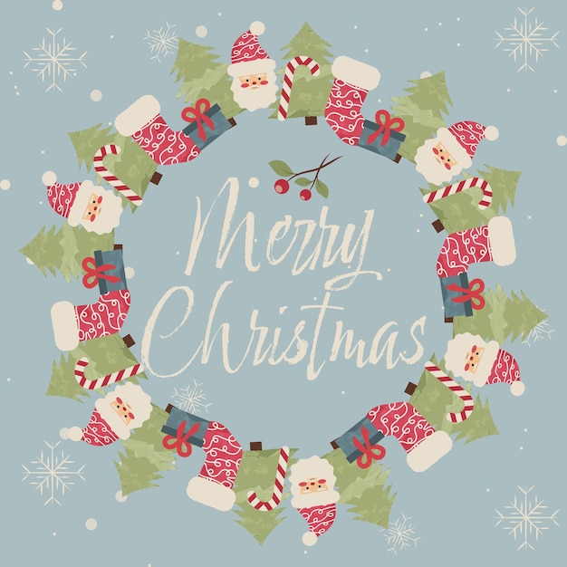 Christmas Wreath with Merry Christmas Lettering Premium Vector