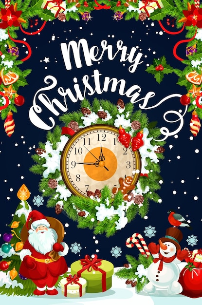 Christmas wreath with New Year gift and clock card