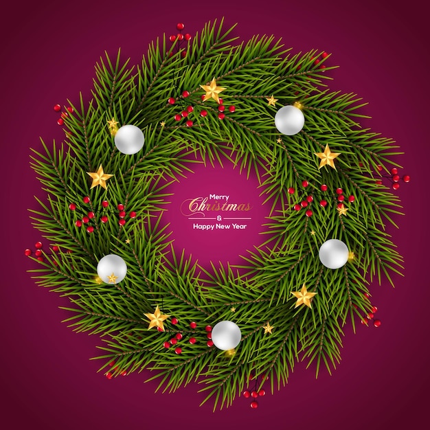 Vector christmas wreath with pine branch  christmas ball   star and light