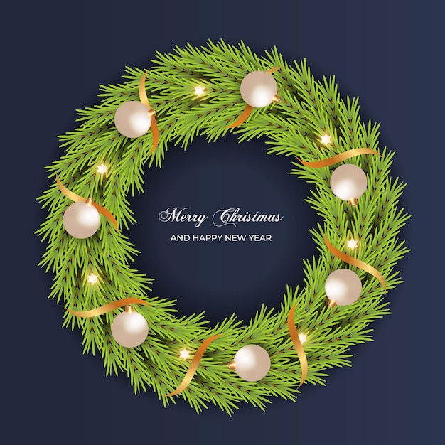 Vector christmas wreath with pine branch  golden christmas ball and light