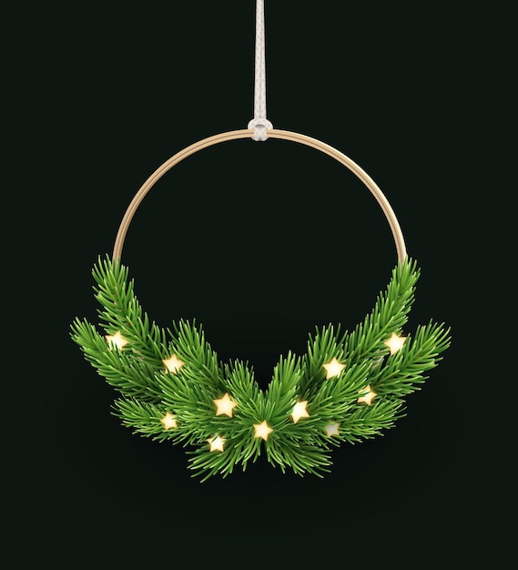 Vector christmas wreath with pine branches and glowing stars round vertical vector template