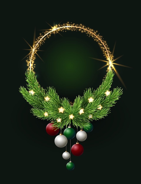 소나무 가지 금색 반짝이와 빛나는 별이 있는 크리스마스 화환 라운드 수직 벡터 템플릿