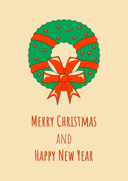 赤い弓メリー クリスマスと新年あけましておめでとうございますグリーティング カードまたはレトロなスタイルの背景とクリスマス リース
