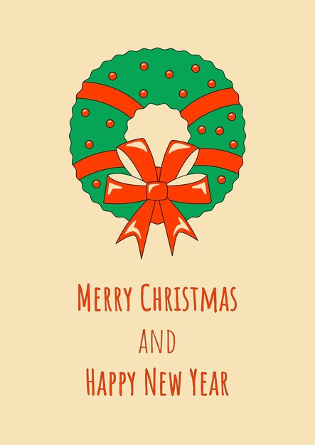 Christmas wreath with red bow merry christmas and happy new year greeting card or background in retro style