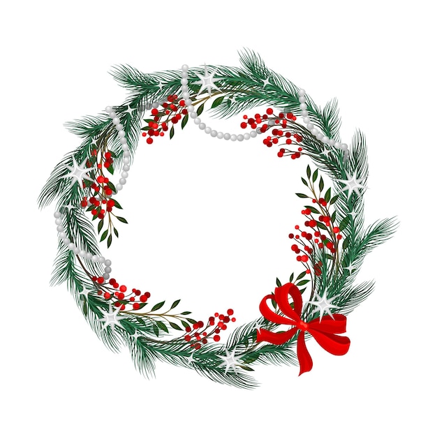 Vector christmas wreath with red bow and twigs with berries twisted in a circle vector illustration decorated wreath of pine branches for winter holidays decoration