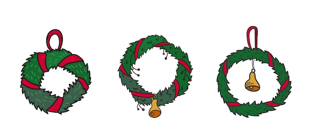 Christmas wreath with ribbon and bell, winter holidays decoration, vector illustration, hand drawn isolated set