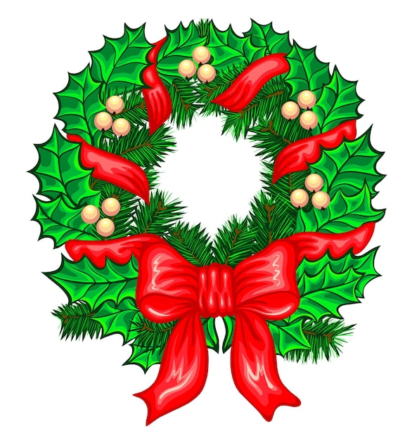 Christmas wreath with ribbons, balls and bow