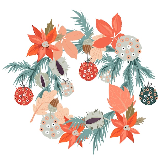 Christmas wreath with spruce tree and flowers for greeting cards flat vector