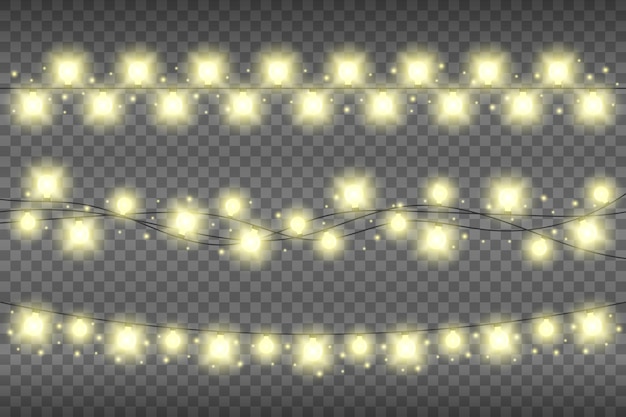 Christmas yellow realistic garland lights on a transparent background. glowing garland lights decoration with sparkles