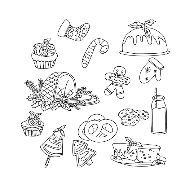 クリスマスフードメニュー手描き落書きイラストベクトルセット