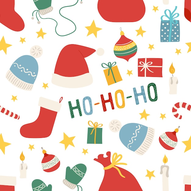 サンタ帽子のキャンドルと靴下のクリスマスパターンベクトル手描きのシームレスなパターン