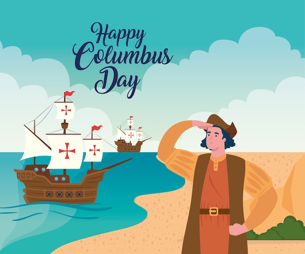 Christoffel columbus cartoon en schepen op zee ontwerp van happy columbus day amerika en ontdekkingsthema