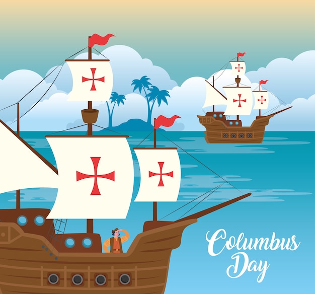 Vettore christopher columbus cartoon in ship at sea design of happy columbus day america and discovery theme