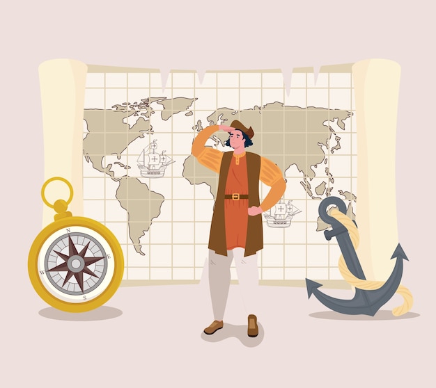 Vector christopher columbus cartoon with compass and anchor design of happy columbus day america and discovery theme