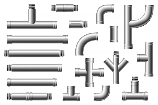 Vector chrome pipes with flange and screws. different types collection of water tube. industry gas valve