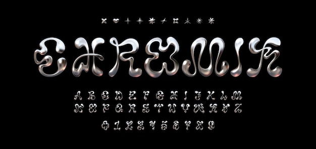 クロム Y2K フォント ベクトル液体歪み 3 d グラデーション未来的なデザイン文字数字