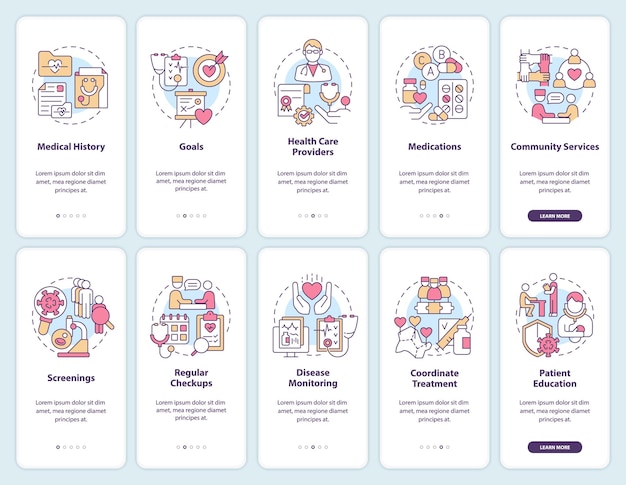 Chronic conditions management onboarding mobile app screen set