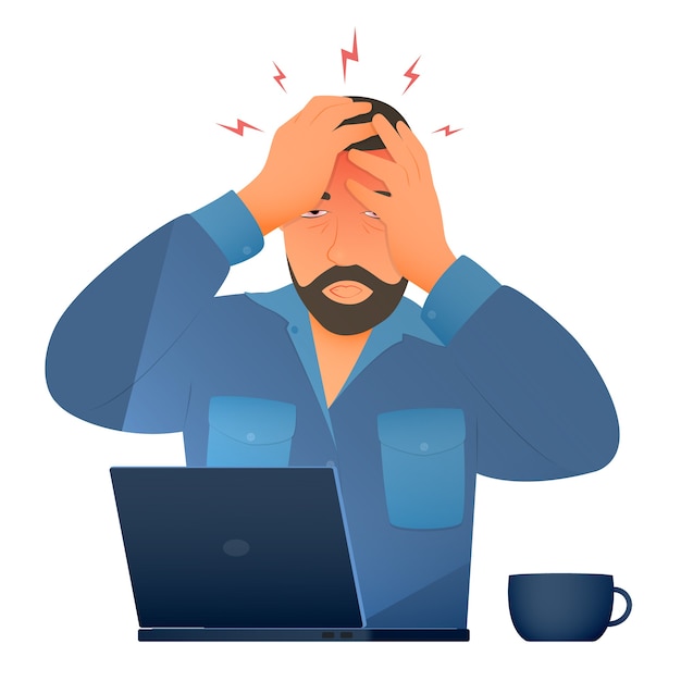 Вектор Хроническая усталость и нервное напряжение от работы. стресс и усталость у человека, сидящего за ноутбуком.