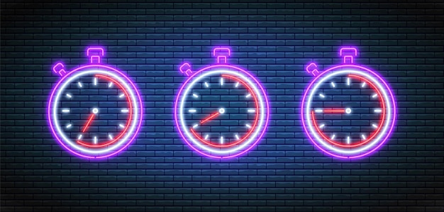 Chronometer timer icons set. fluorescent clocks