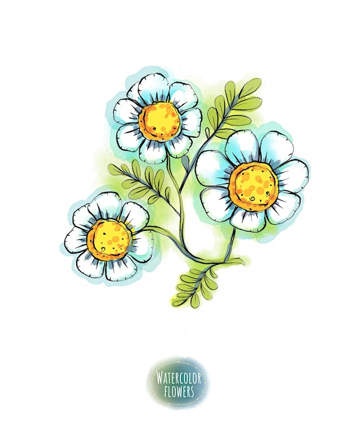 Chrysanthemum, zonnebloem, belladonna, calendula, zinnia. Ansichtkaart, patroon voor T-shirt