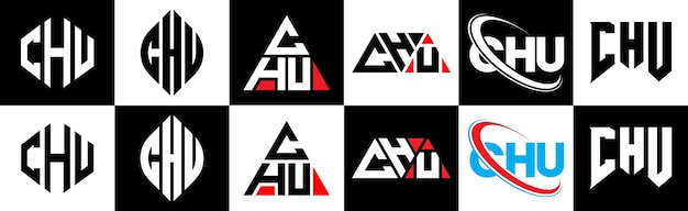 ベクトル chuの文字ロゴのデザインは6つのスタイルでchuの多角形円三角形六角形平らでシンプルなスタイルで黒と白の色のバリエーション文字ロゴが1つのアートボードにセットされていますchuのミニマリストとクラシックロゴ