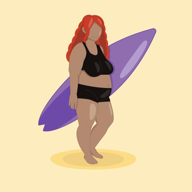 Chubby girl on the beach with surfboard