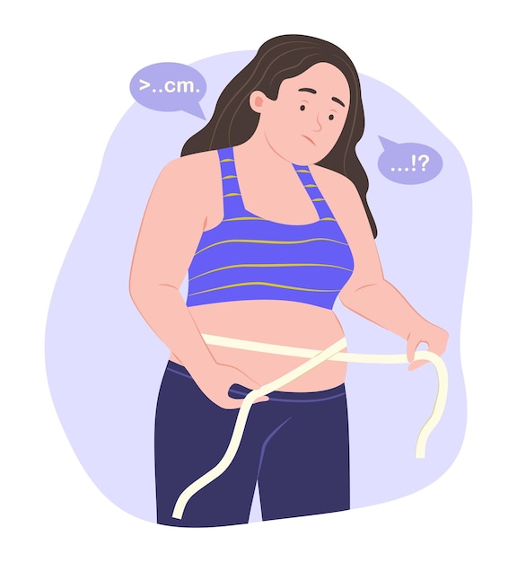 Chubby Woman Measuring Her Waist with a Measuring Tape for Healthcare Concept Illustration