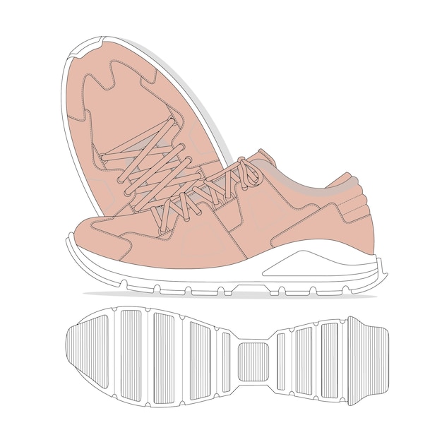 Chunky platform sneakers technische platte schets vector mockup sjabloon