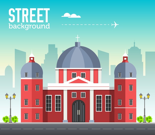 Vector church building in city space with road on flat syle background concept