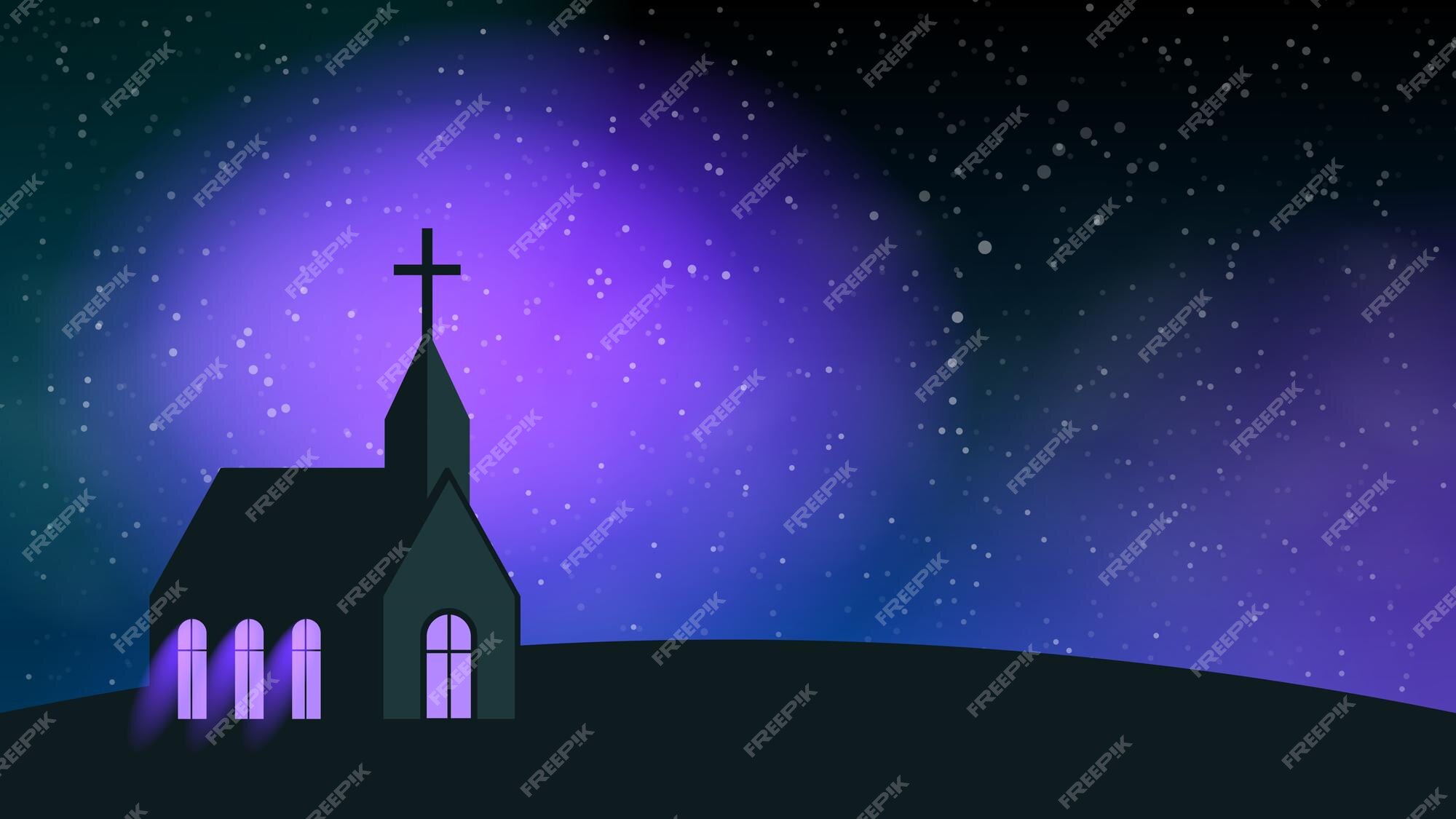 Premium Vector | Church building in night hill galaxy space with stars background  church poster concept online church service