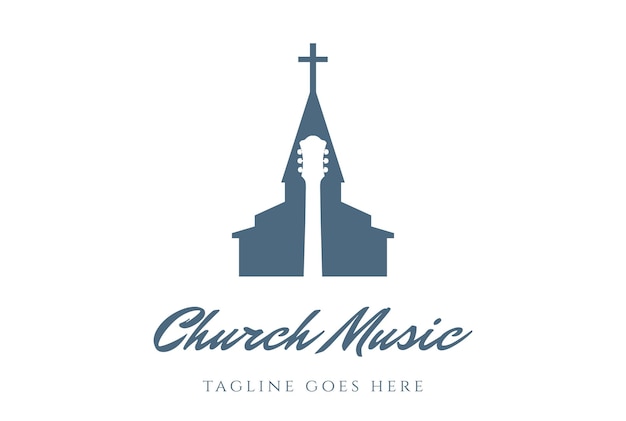 Church chapel silhouette with guitar for religion music song\
logo design