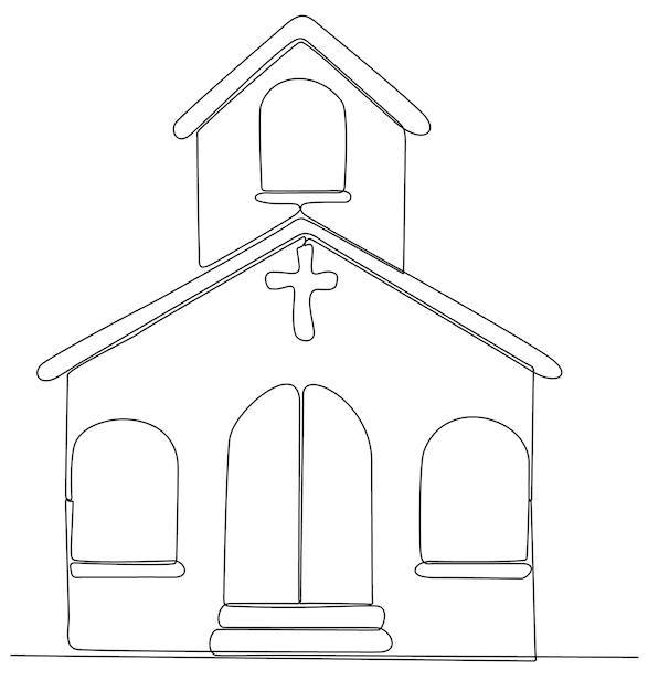 Church in continuous line art drawing style. Abstract church building with bell tower.