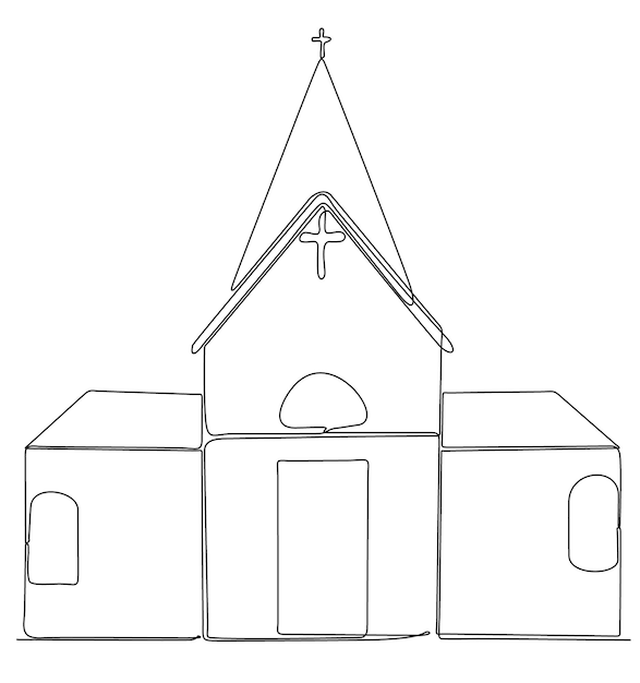 Chiesa in stile di disegno artistico a linea continua. costruzione astratta della chiesa con il campanile.