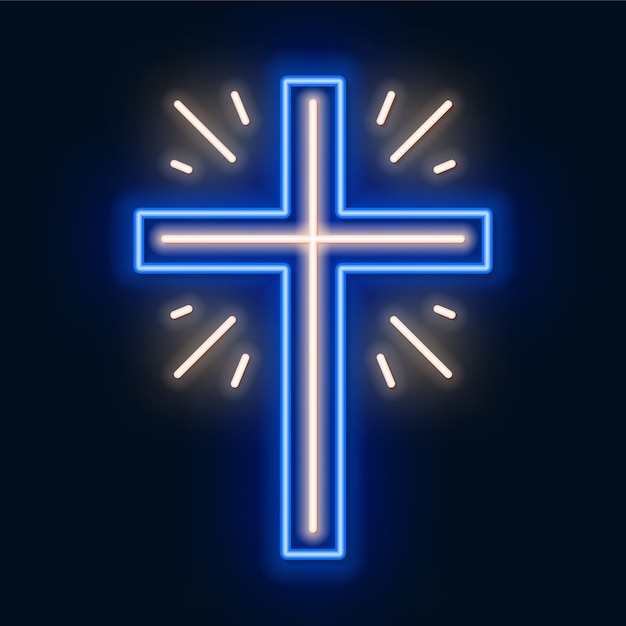 Church cross neon sign. glowing symbol of the crucifixion.