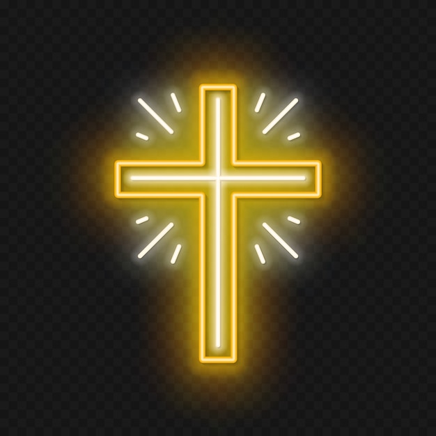 Church cross neon sign. Glowing symbol of the crucifixion.