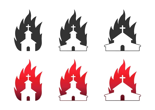 Church on fire icon set Christian church in flames Flat vector illustration