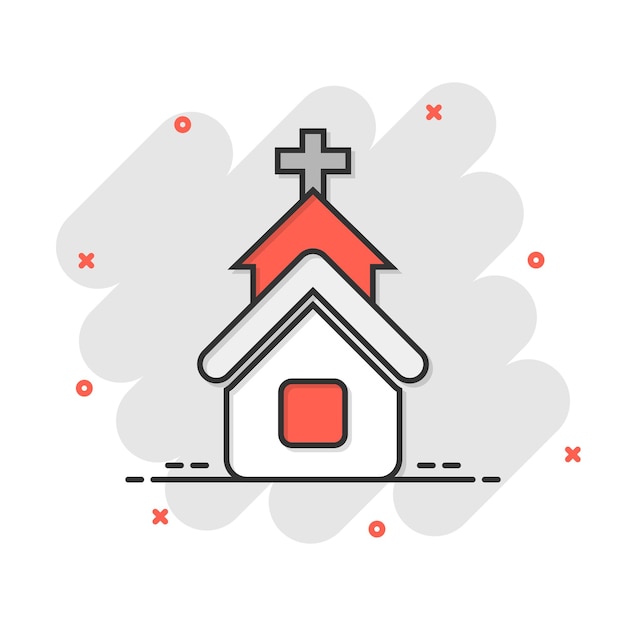 Church icon in comic style Chapel vector cartoon illustration on white isolated background Religious building business concept splash effect