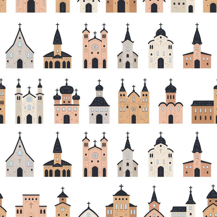 Vector church icons background flat seamless pattern of church vector icons